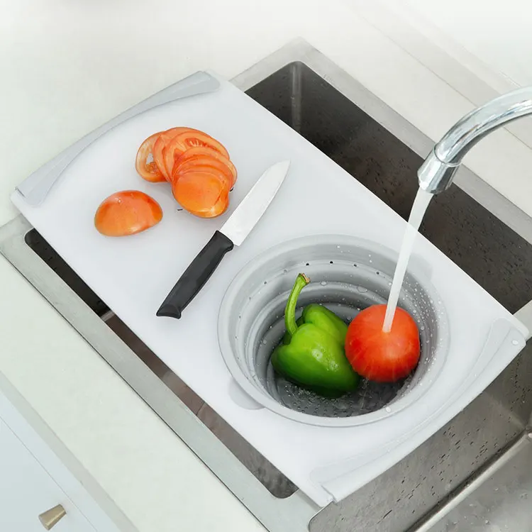 New Arrivals Custom Multi-Function Durable Collapsible Vegetable Fruit Plastic Cutting Board With Drain Basket