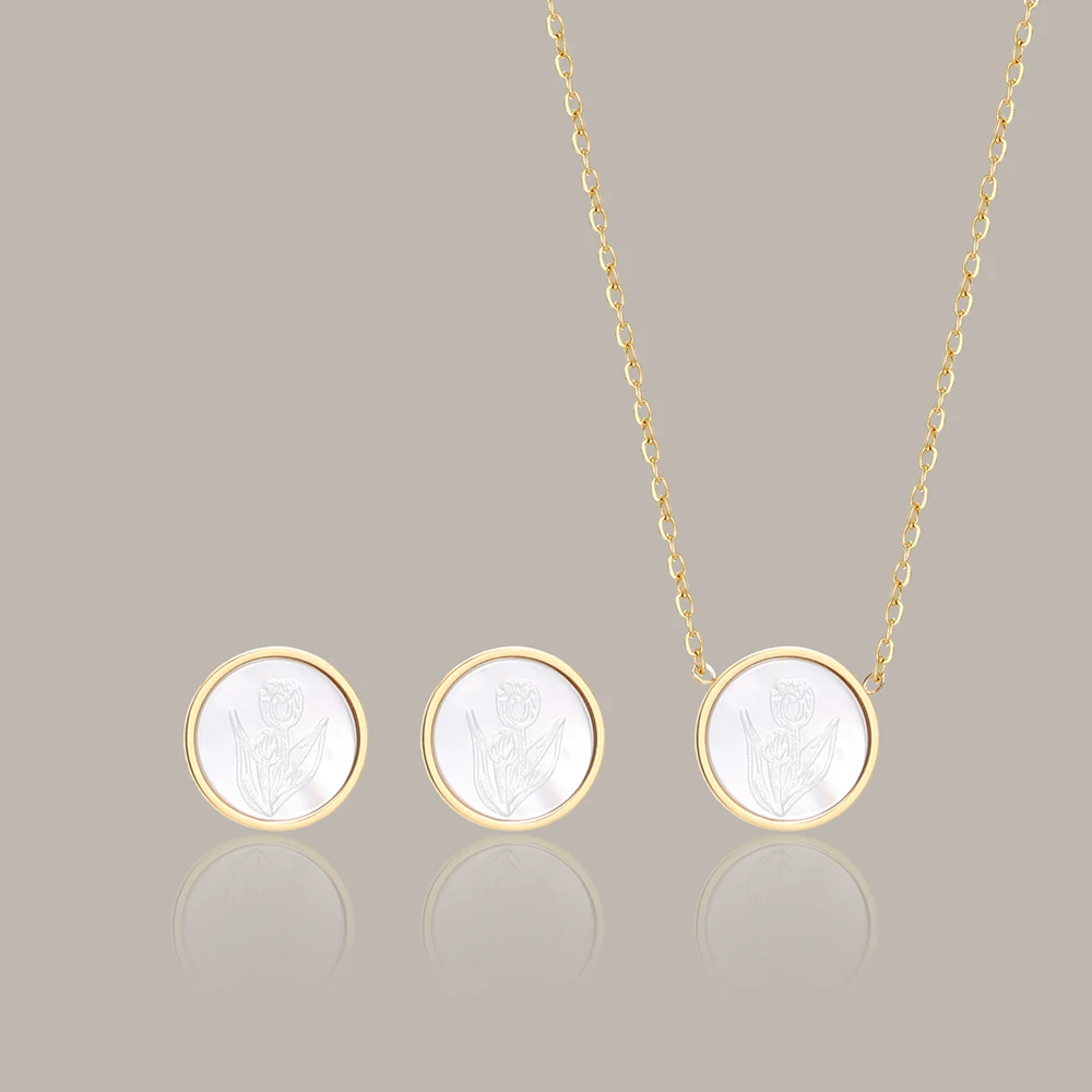 New Arrival Tulip Round Shell Petite Flower Necklace Stud Earrings Set Titanium Steel Gold Plated Jewelry Sets