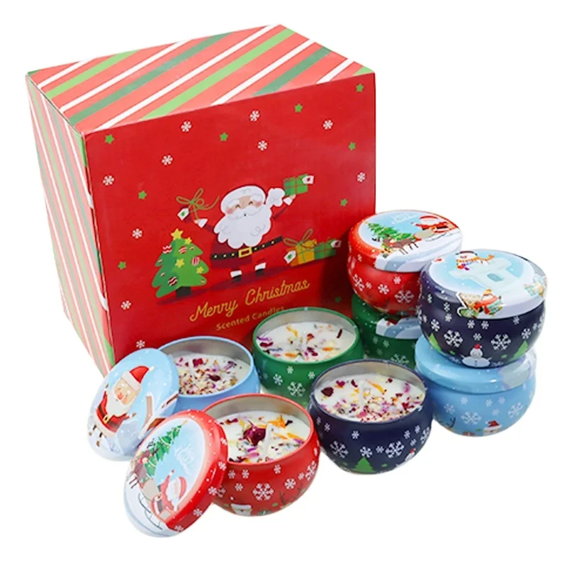 Christmas candle set in tin can Christmas souvenir Nordic indoor scented candle gift box with dry flowers