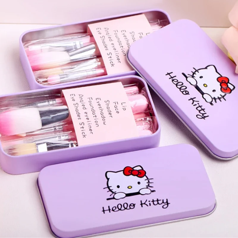 7 pcs in box hello kitty small makeup brushes with case travel size portable black powder foundation eye brushes set for make up
