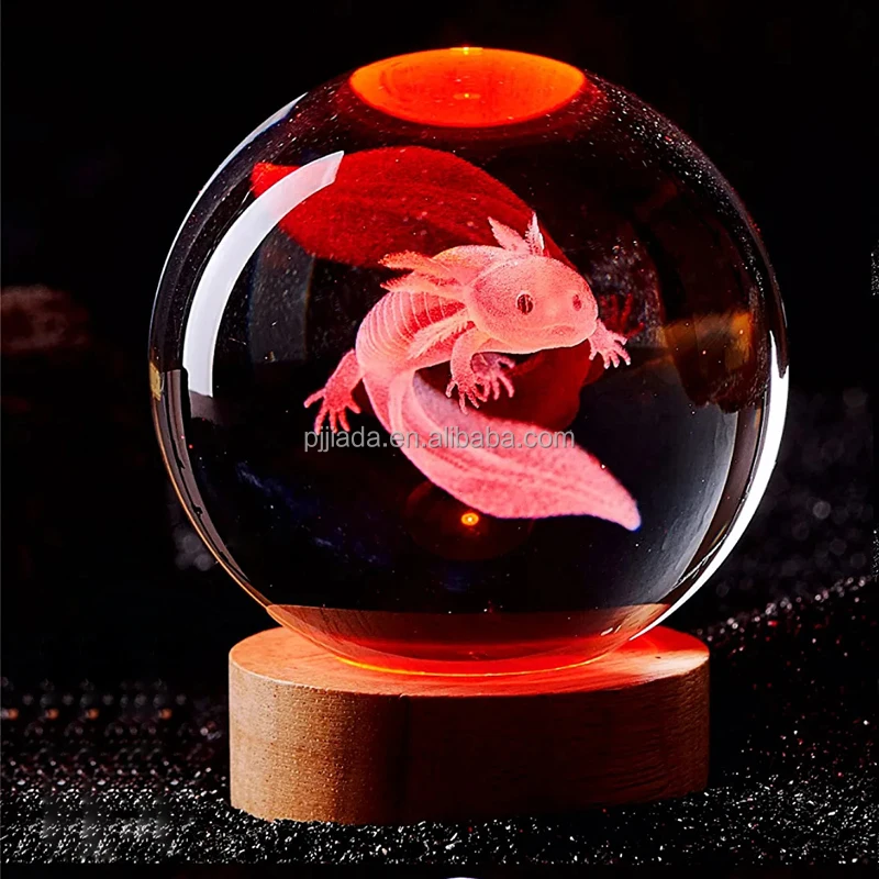 Crystal Ball Small Light Night 3D Engraved Axolotl Rose Moon Planet Galaxy Glass Ball with Wood Led Light for Home Decor