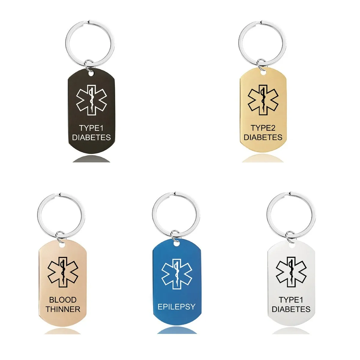 Stainless Steel Caduceus Medical Alert Symbol ID Dog Tag Type 1 Type 2 Diabetes Epilepsy Blood Thinner Awareness Key Chain