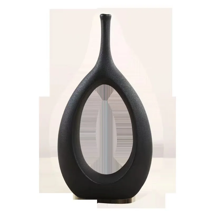 2023 Cross-border exclusive gold silver black jade ring ceramic vase decoration modern simple fashion hollow oval vase