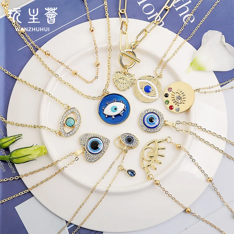 Fashion gold plated jewelry blue eye butterfly crystal religious pendant necklace stainless steel chain necklaces for women