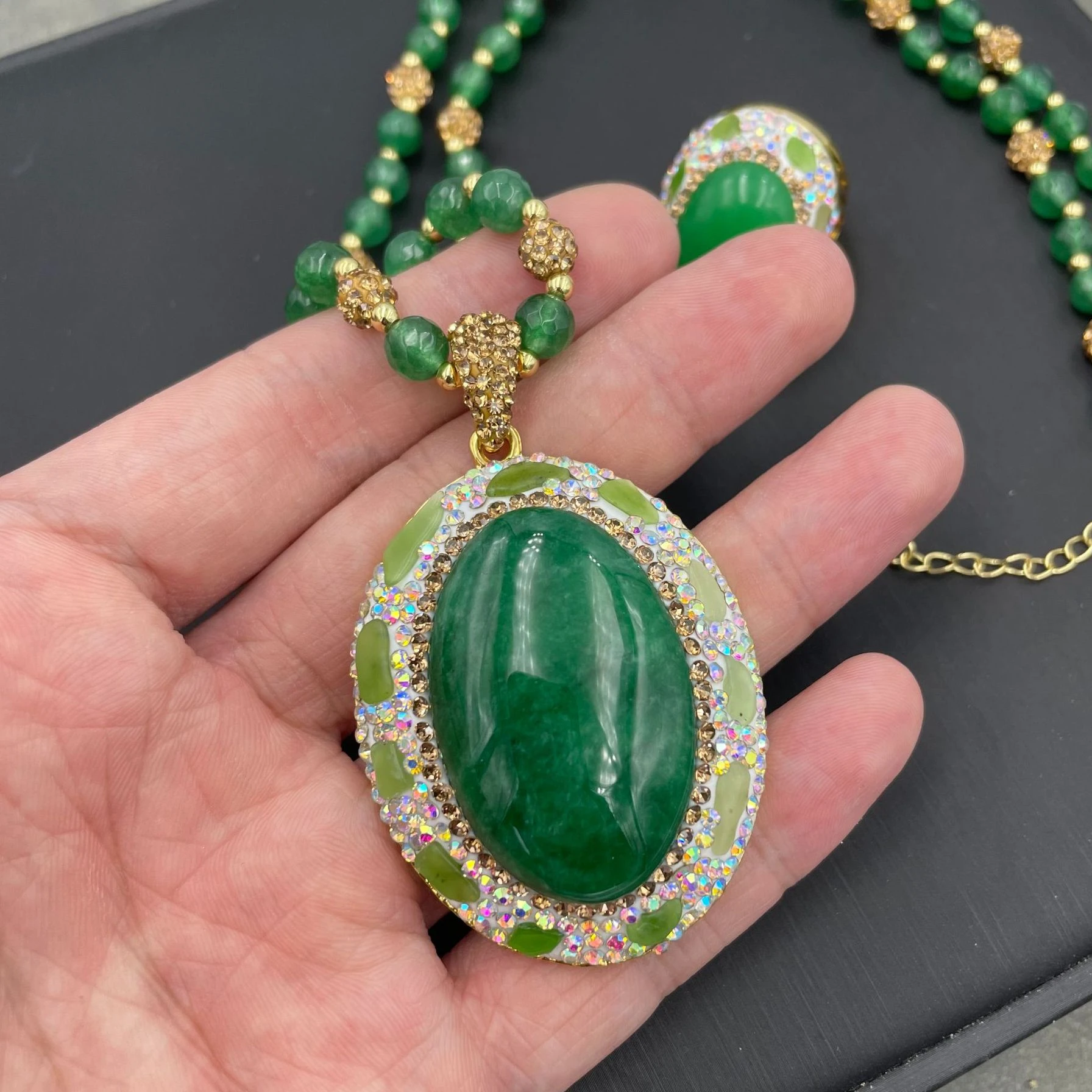 Exquisite Green Jadeite Natural Gemstone Czech Jewelry Set European and American Personalized Light Luxury Style