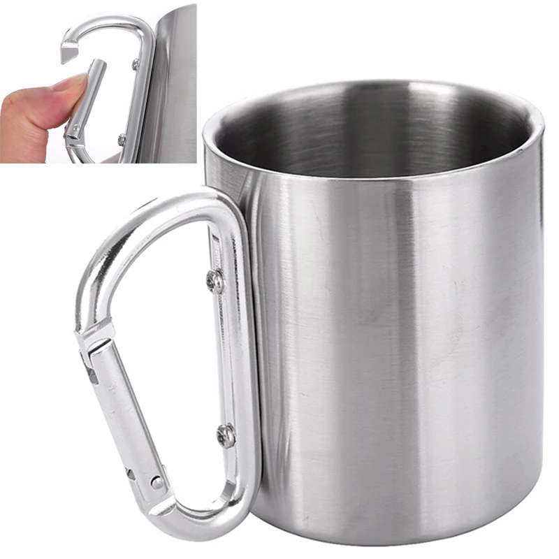 Stainless Steel Coffee Cup Camping Travel Mug Double Wall Mug With Carabiner Hook Handle Tumbler Cups