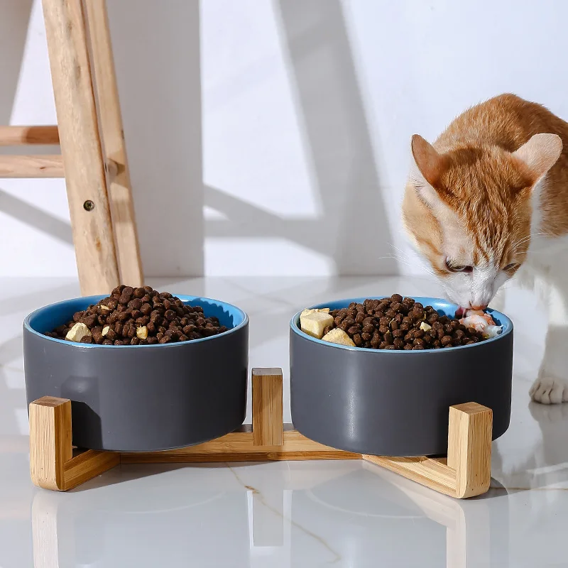 Wholesale Customised Pet Cat Luxury Elevated Large Feeding Water Bowl Dog Food Bowl Ceramic Dog Bowl With Wood Stand