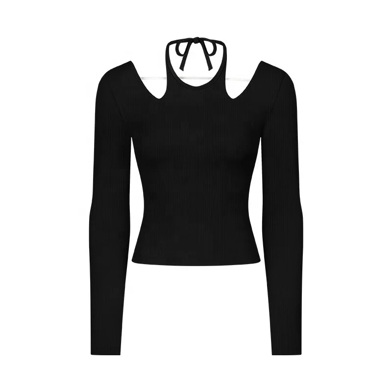 Berunner Barely There Slim Fit Halter Yoga Top Long Sleeve Breathable Lightweight Athletic Shirt for Running and Fitness