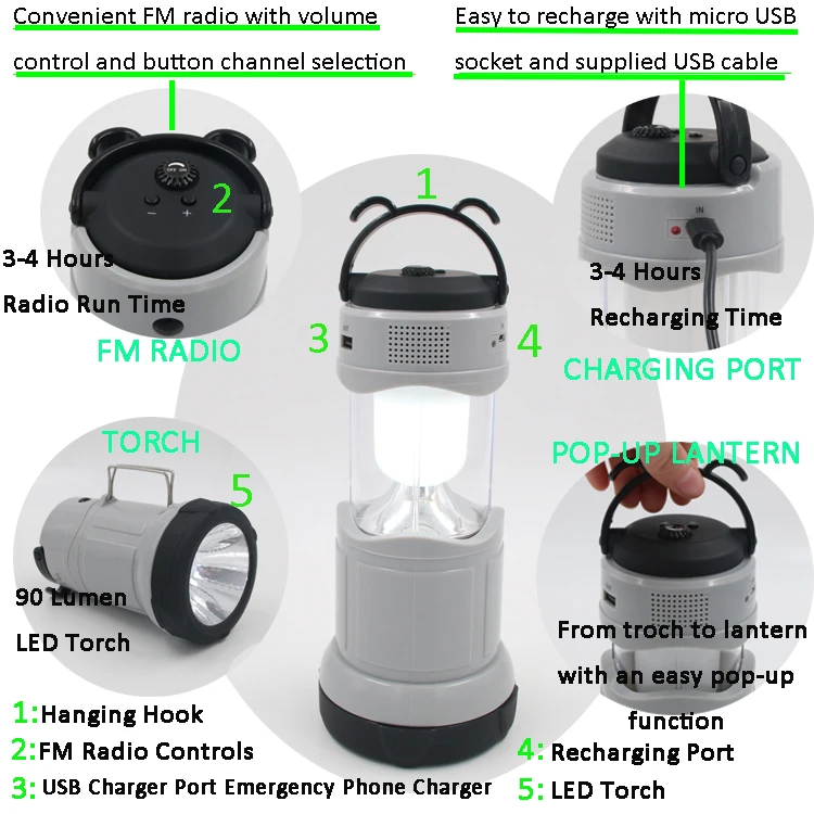 USB Rechargeable led Camp Lantern outdoor tent radio light Collapsible telescopic camping light with hook