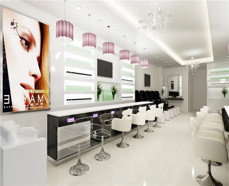 Custom Beauty Shop Decoration Nail Furniture Glass Salon Nail Salon Store Design with Pedicure Chair Nail Salon Furniture Modern