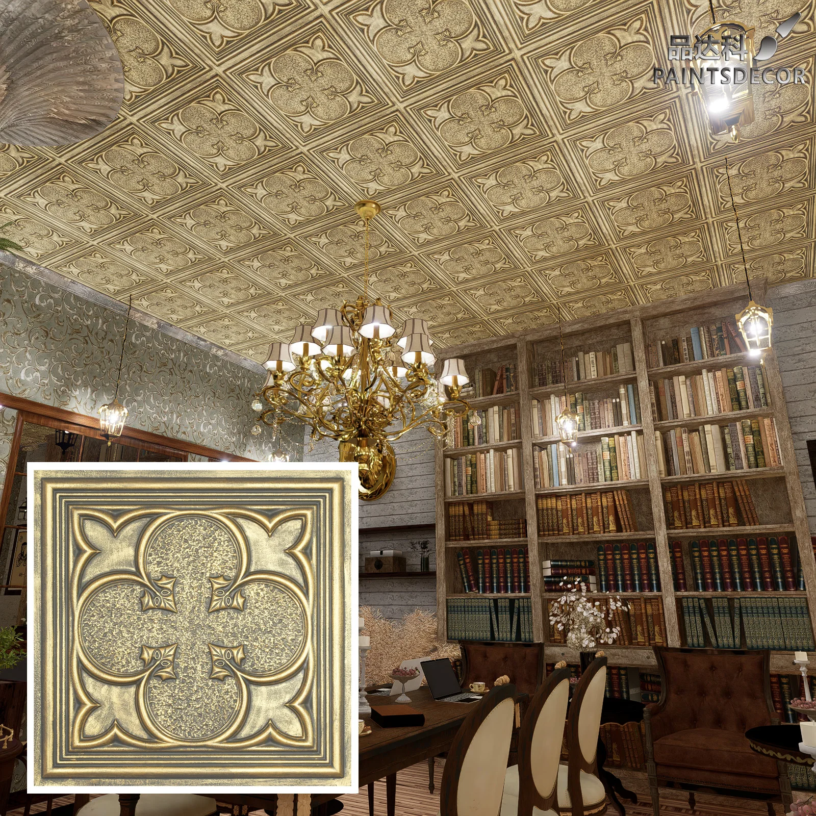 Faux finished crevices artistic ceiling tiles 3D embossed wall board Easy to Install PVC Panels for Saloon PL35 ancient gold