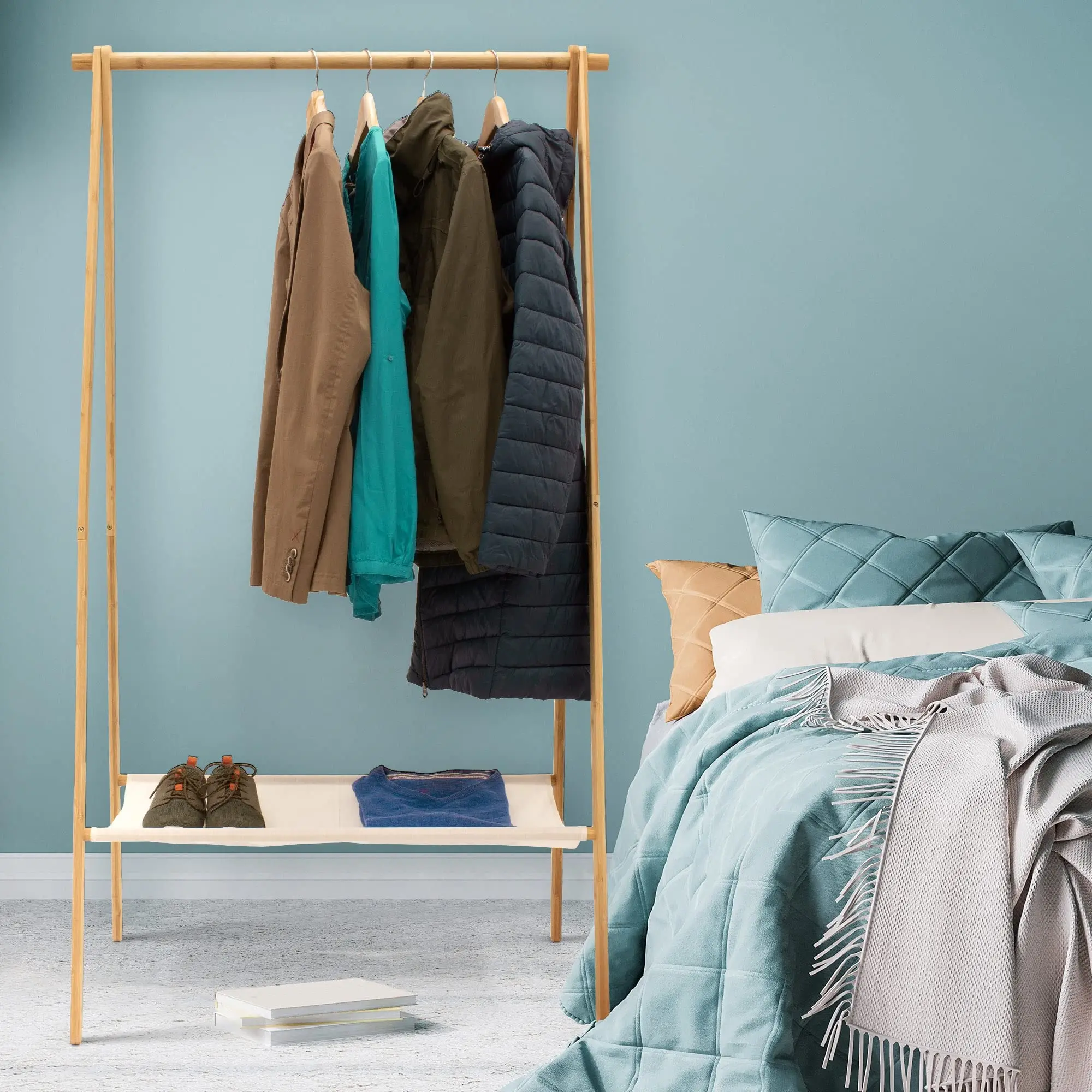 Garment Bamboo Shelf Garment rack Bamboo Clothes Display Rack with Fabric Shelf Hanger Clothes Rack