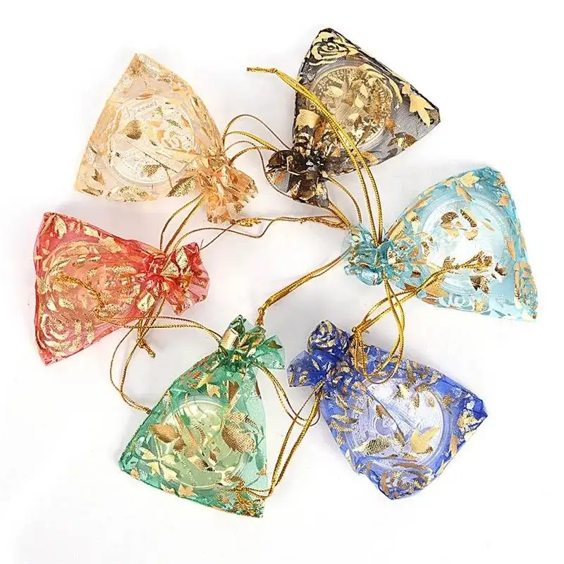 5X7Cm Rose Flower Printing Gold Stamp Decoration Gift Bags Recycled Organza Bag Organza Pouch Gold
