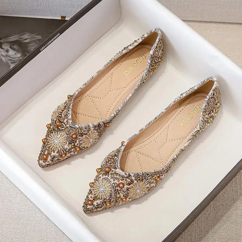 Retro Hot Selling Pantufla Loafer Slippers Luxury Diamond Rhinestone 2024 Ladies Pumps Flat Shoes