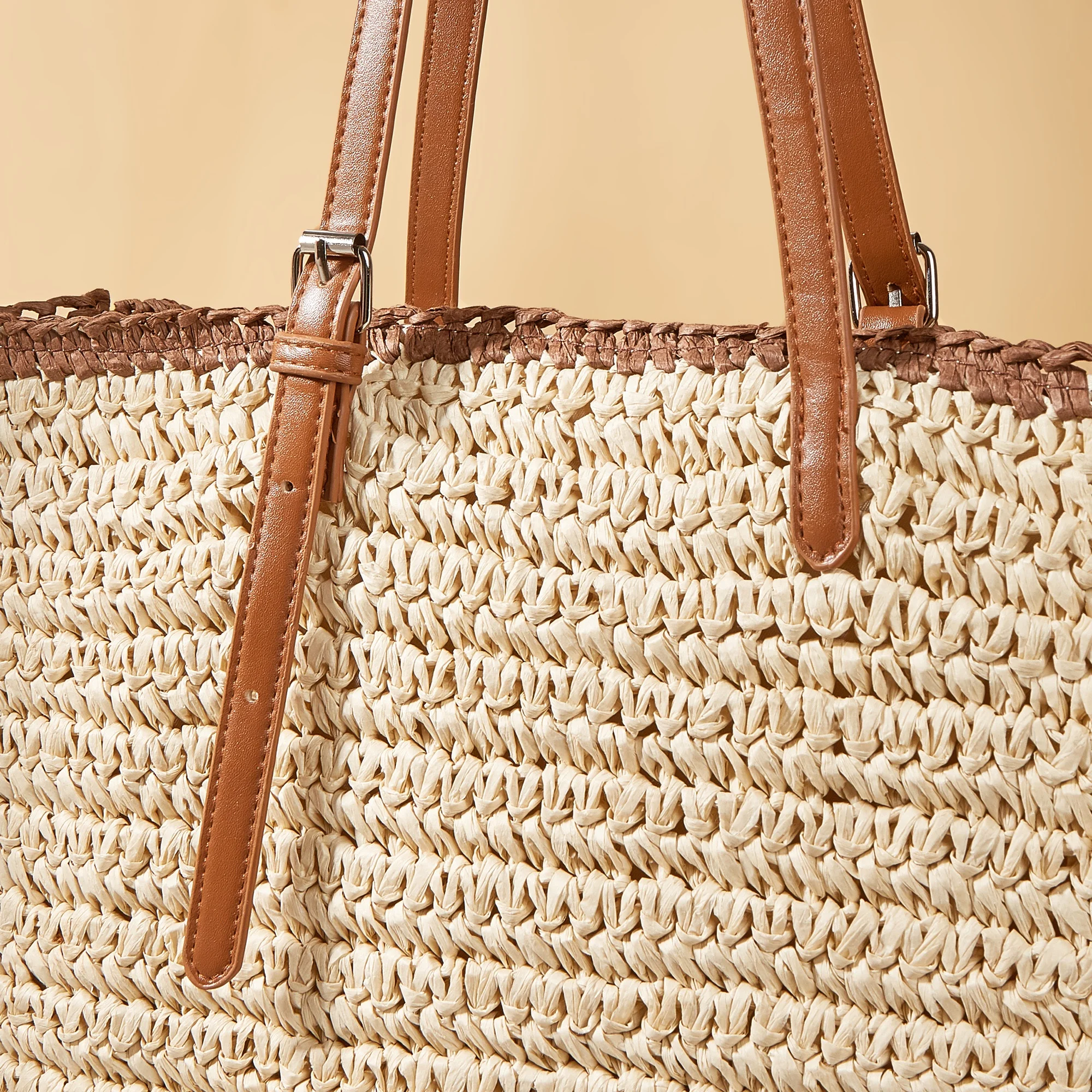 2024 fashion women beige crochet straw tote shoulder bag with leather handle