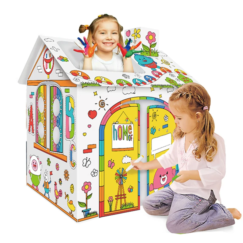 Trending Toys for Children Drawing & Colouring Educational Creative Toy DIY Doodle House Kids 3D Cardboard Playhouse