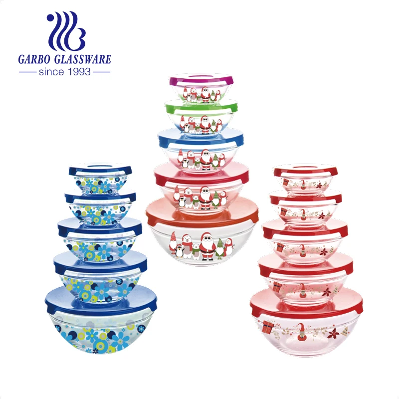 Popular cheaper 5 pcs different size fresh glass bowl set glass mixing bowl with lid glass serving bowls with lids