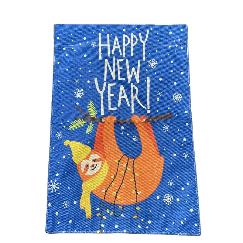 Festival Seasonal Themes Holidays Double Side Yard Burlap Banner Gift Craft Custom Happy New Year Sloth Garden Flags Wholesale