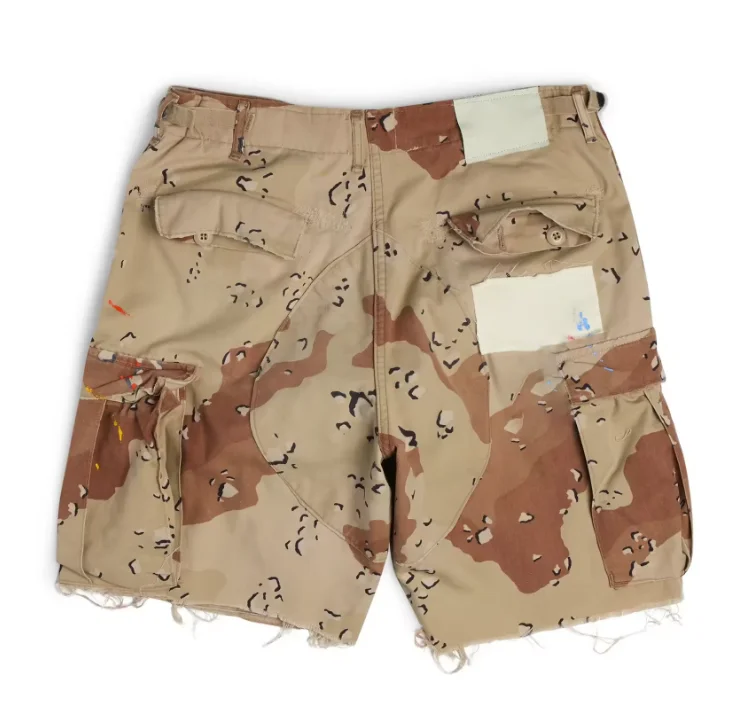Hot Sale Heavyweight Camo Jean Shorts Men Wholesale Patchwork Embroidery Cargo Denim Shorts Custom Crop Raw Hem Shorts