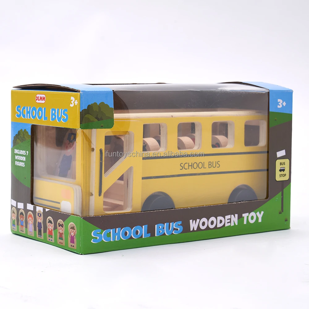 Yellow Wooden Bus Toy for Three-Year-Olds Treasure Play No Hair Friction Toy Vehicle for Early Educational Purpose
