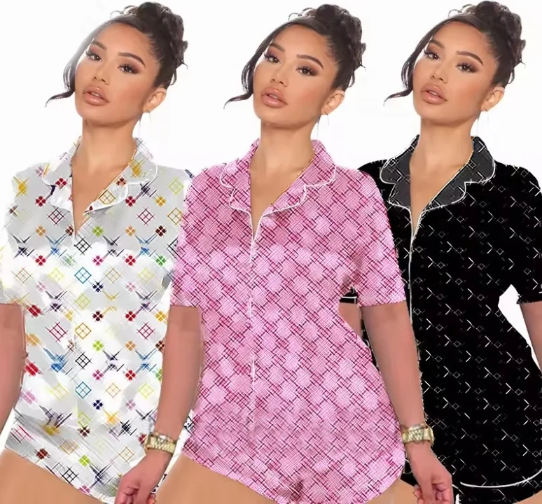 wholesale Summer girls sleepwear two piece pajama set satin silk pajamas designers print pyjamas short pajamas for women