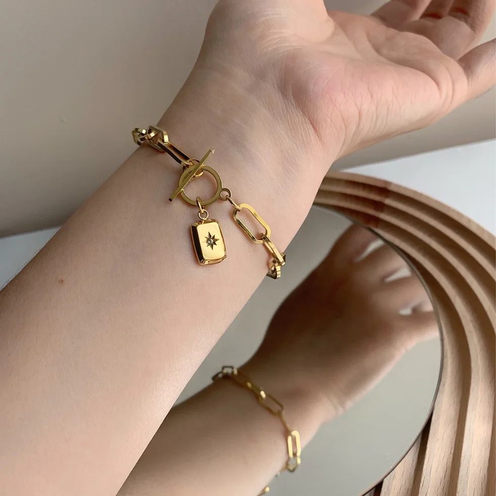 Stainless Steel Bar Circle Eight Pointed Star Bracelet Necklace Square Medallion Paper Clip Chain Necklaces Women Jewelry Set