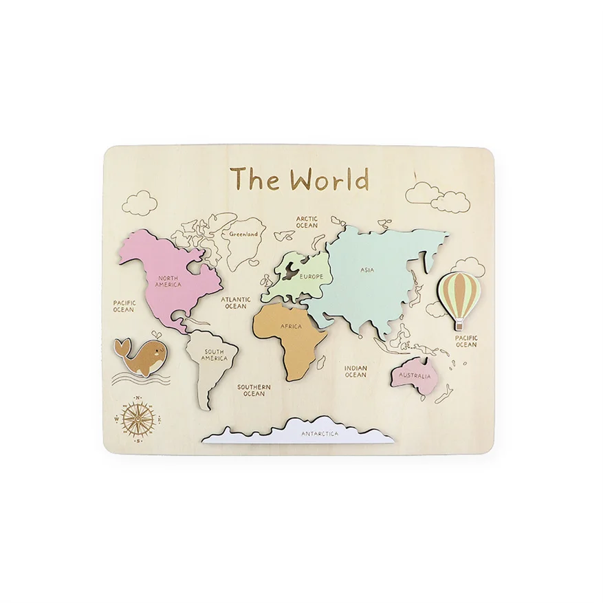 Best Selling Wooden Colorful World Map Puzzle Toy Wooden Desktop Craft Gift for Kids