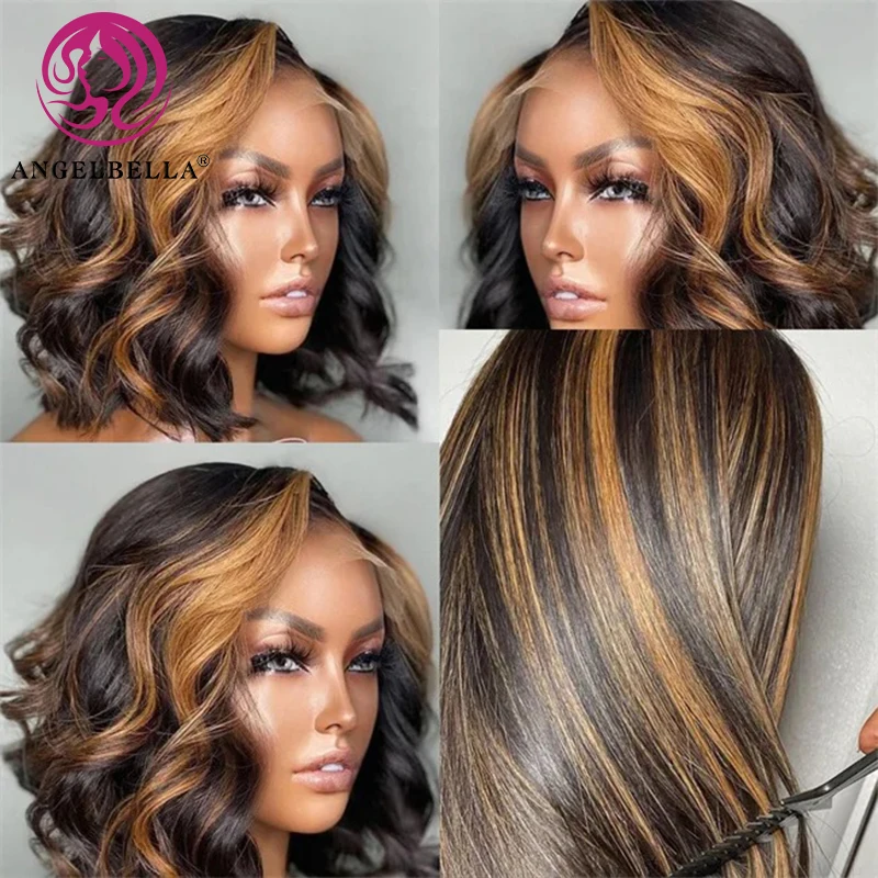 Highlight HD Wigs Human Hair Lace Front Shoulder Length Piano Color Curly Bob Wig Highlight Body Wave Bob Wig For Black Women