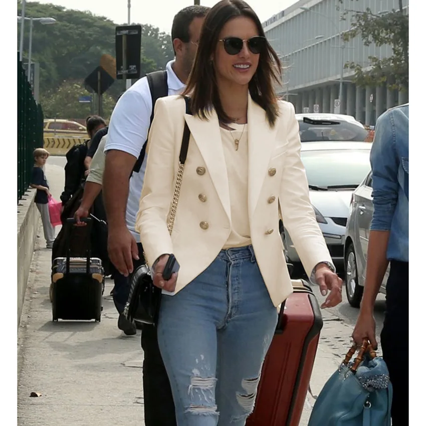 Spot 2022 high-quality pointed goods star catwalk suit jacket female metal lion head buckle double-breasted small suit