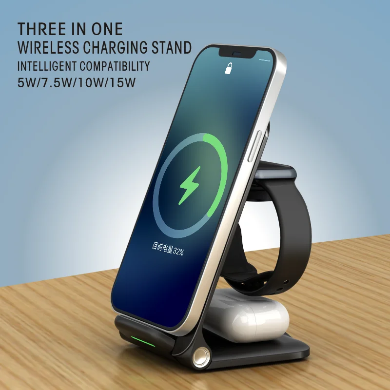 Mobile Phone Foldable Wireless Charger 3 In One Charging Wireless Desktop Charger Stand For Iwatch Earphone