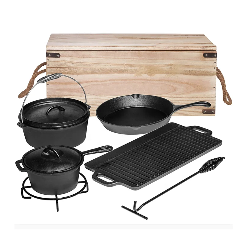 Camping Cooking Set Of 7 Pre-Seasoned Cast Iron Pots And Pans Cookware/Dutch Oven Sets With Wood Case For Outdoor Campfire Cooki