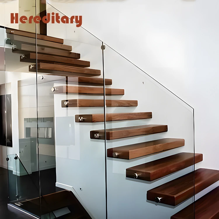 Led Light Staircase Glass Railing  Wooden Stair Steps With Floating Staircase Modern Interior Wood Stairs
