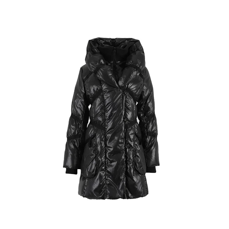 Высококачественная модная Женская Длинная черная нейлоновая блестящая пуховая длинная пуховая куртка для женщин на заказ