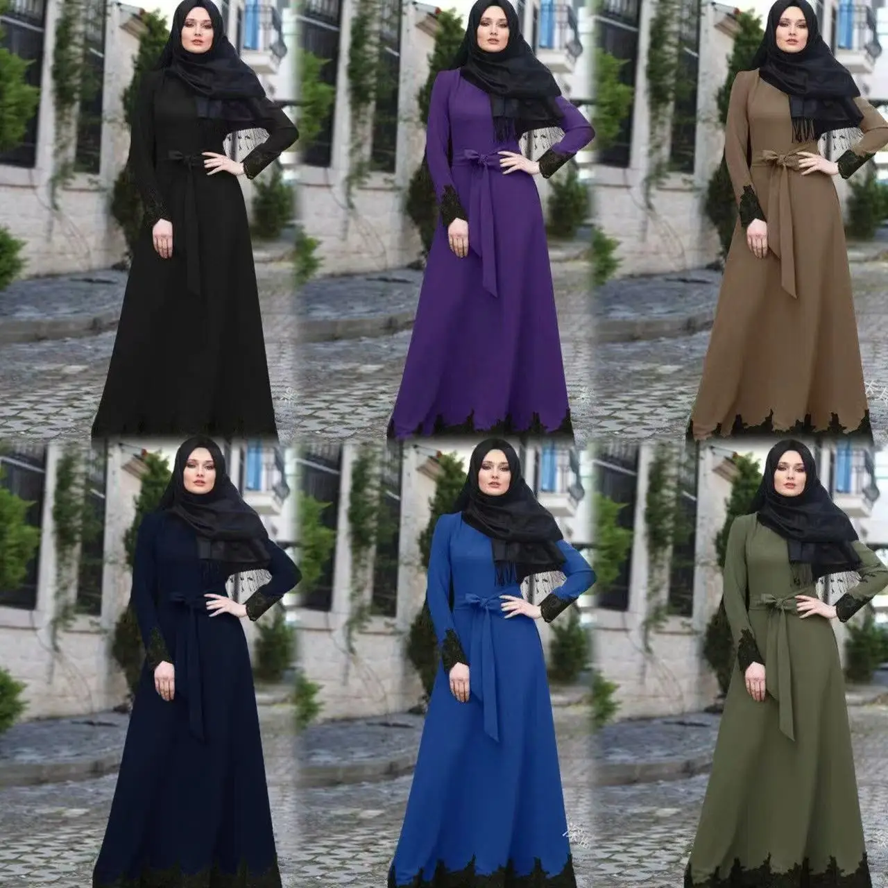 Dubai Women Muslim Dress tailored solid color pleated chiffon Islamic moderate dress with belt long sleeve Abaya
