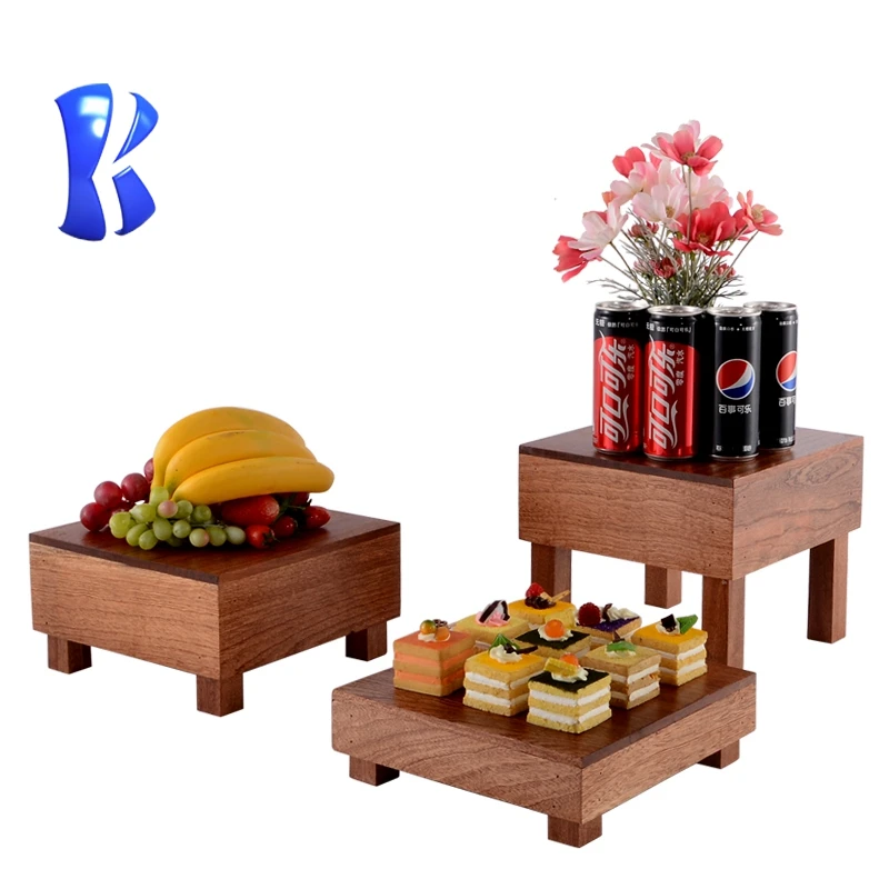 Okey Banquet catering event decoration equipment wooden carved buffet wood dessert display stand rack buffet riser for sale
