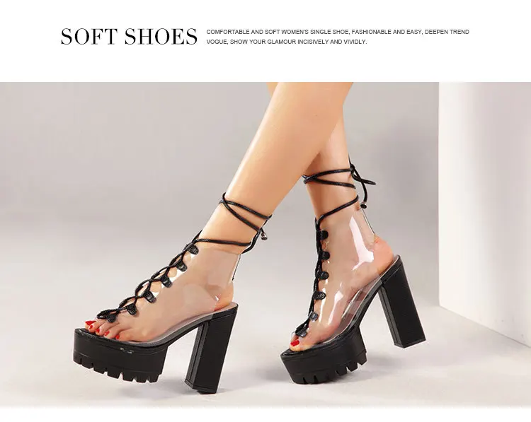 Summer Best sale over size bandage candy color see-through chunky heel women sandals 2022 slippers sandals heeled sandals