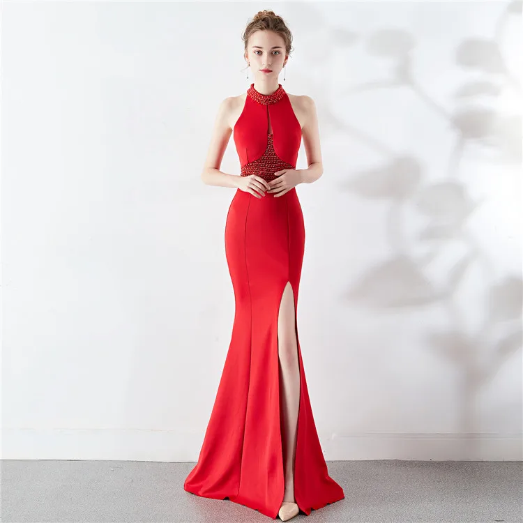 8637#2021 evening dress Wine red toast Long dress wedding dress slim fish tail Sexy clothes club Party dress