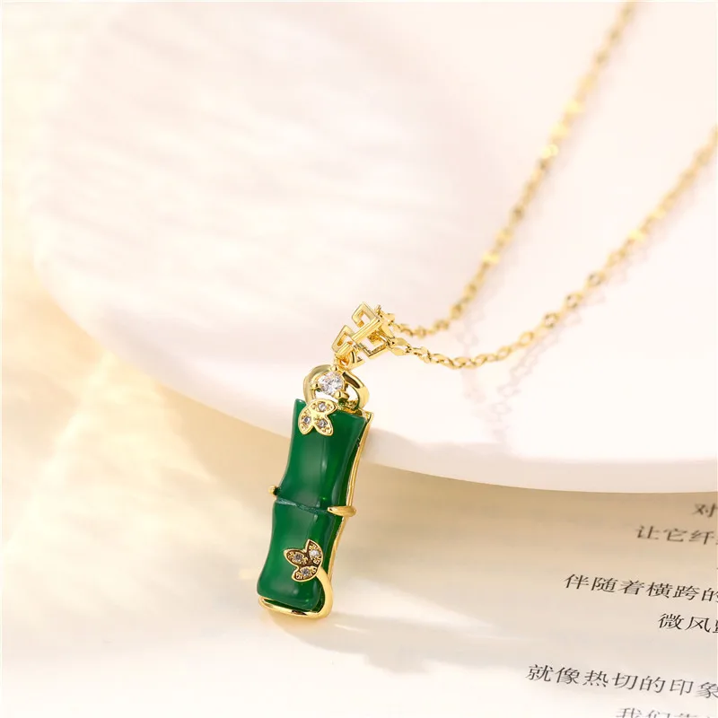 Gold Plated Stainless Steel Long Bamboo Shape Charm Pink Natural Jade Pendant Necklace