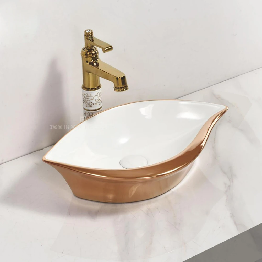 Chaozhou Modern Sanitary Ware Bathroom Basin Sink Rose Gold Counter Ceramic Hand Wash Basin