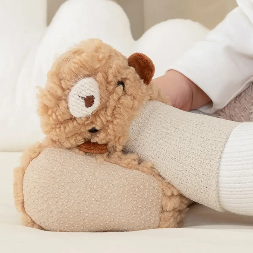 Winter Thicken Cashmere Soft Warm Infant Shoes Socks Fancy Cartoon Bear Dolls Anti Slip Baby Floor Socks