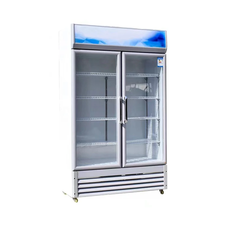Manufacturer supply double door upright chiller freezer with glass doors coca display cola refrigerator