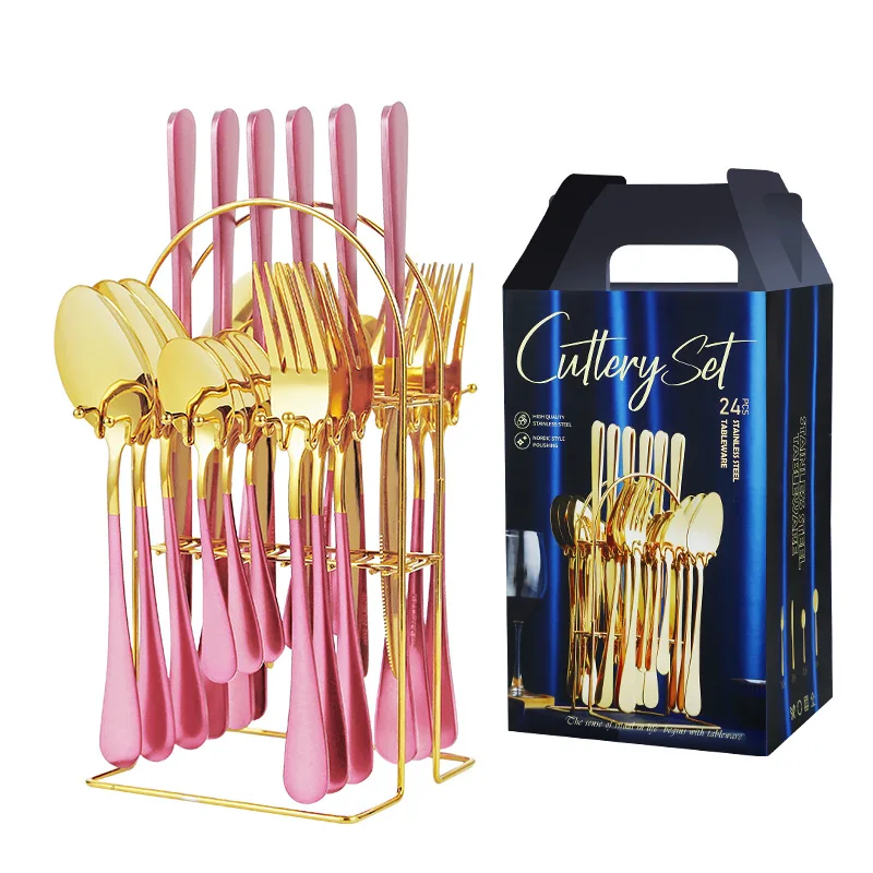 With Stand Custom Stainless Steel Knife Fork Spoon set 24pcs Gold Flatware Luxury Cutlery Set