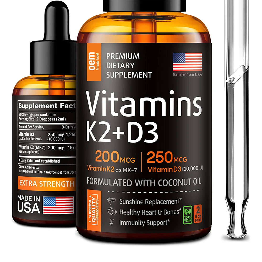 OEM Costom Vitamin D3 K2 Supplements Vegan Cardiovascular Heart Bone Immune Support D3 K2 Liquid Drops