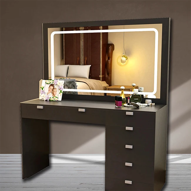 Modern Furniture Vanity Makeup Dresser One Set Design Metal Feet Bedroom Dressing Table with LED Mirror Wireless Charging