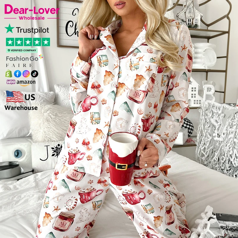 Dear-Lover Wholesale OEM ODM High Quality Christmas Pattern Pyjamas Pajama Set Sleepwear For Women Wholesale