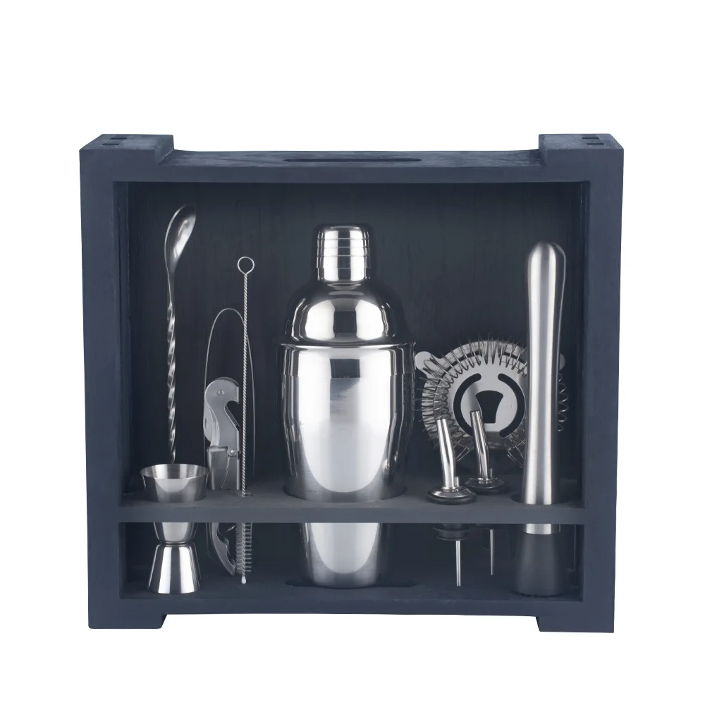 Bartender Kit with Rustic Wood Stand Perfect Home Bartender Kit for Drink Mixing Stainless Steel Bar Tools With Stand