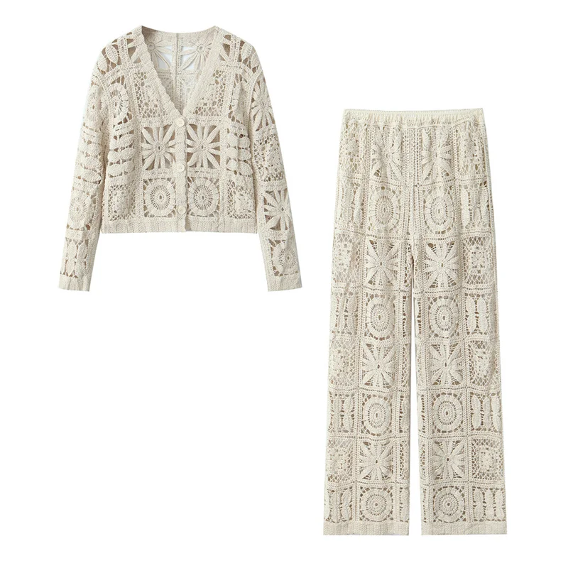 TAOP&ZA 2024 spring new product forest three-dimensional hollow crochet knitted cardigan for women apricot V-neck jacket 245