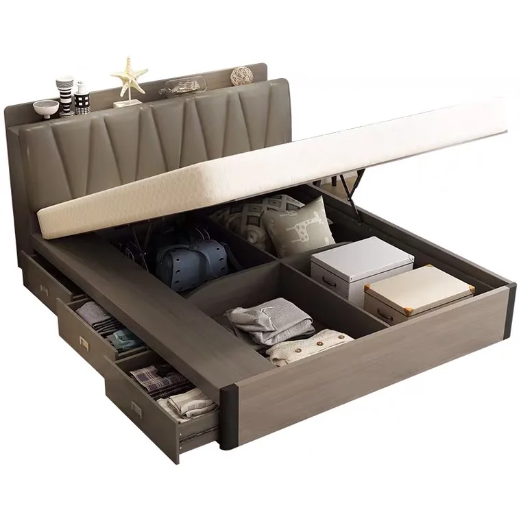 Golden Whole Set Queen Size Wooden  Double Bedroom With Mattress Home Furniture Beds (UL-21LV0891)