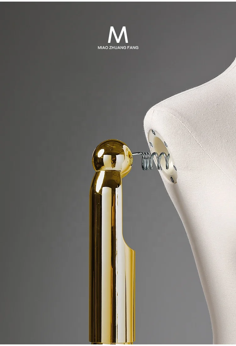 Window Display Fabric Covered Movable Mannequin Female Half Body Gold Arm Metal Wire Head Women Mannequins With Wooden Arm