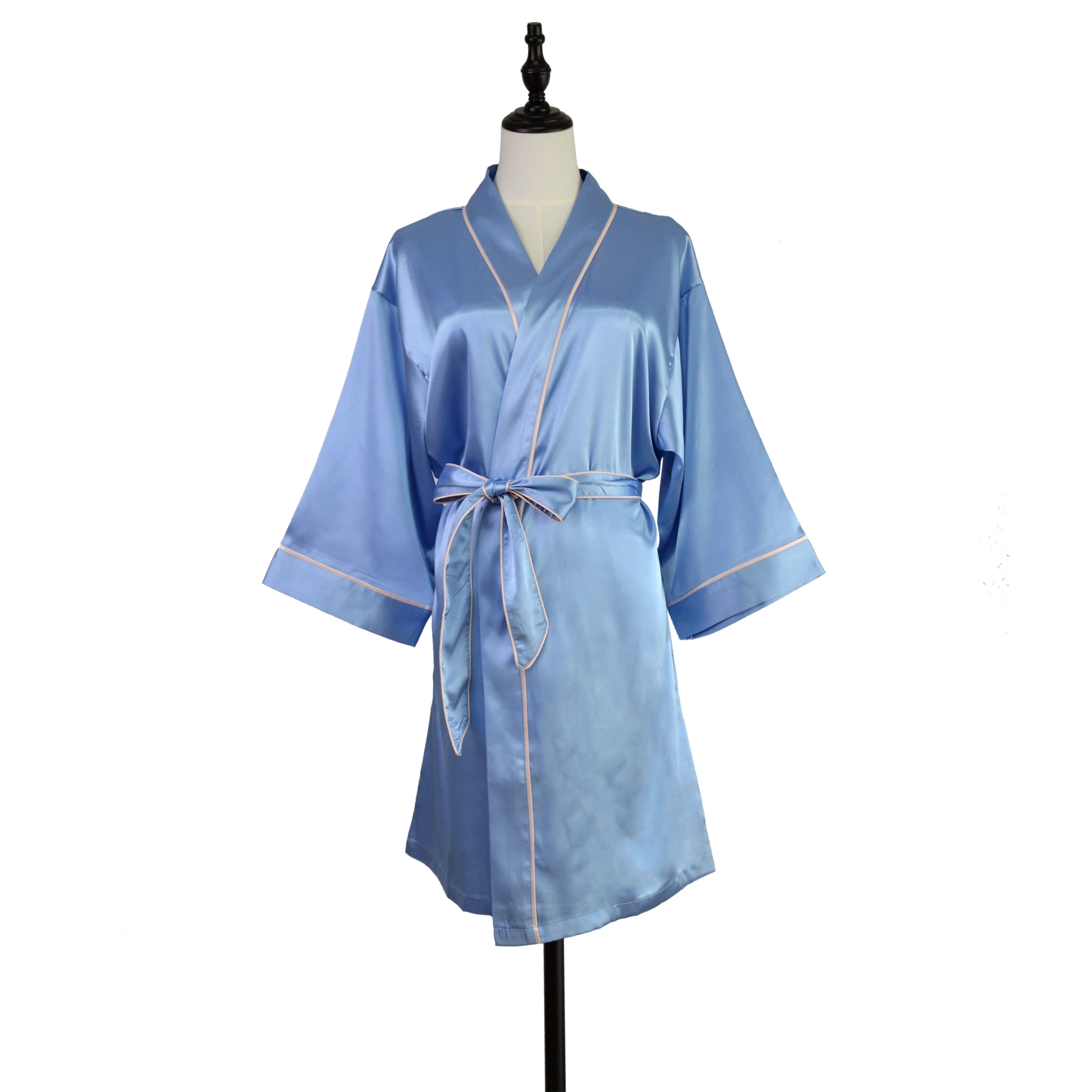 New Design Fashion Silky Nightgown Robe with Piping for Women Girl Lady Plain Piping Belted Kimono Robe Satin Bathrobe